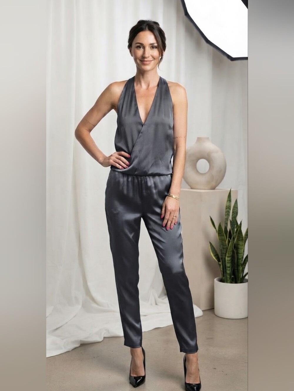 Ramy Brook 100% Silk jumpsuit dark asphalt grey small